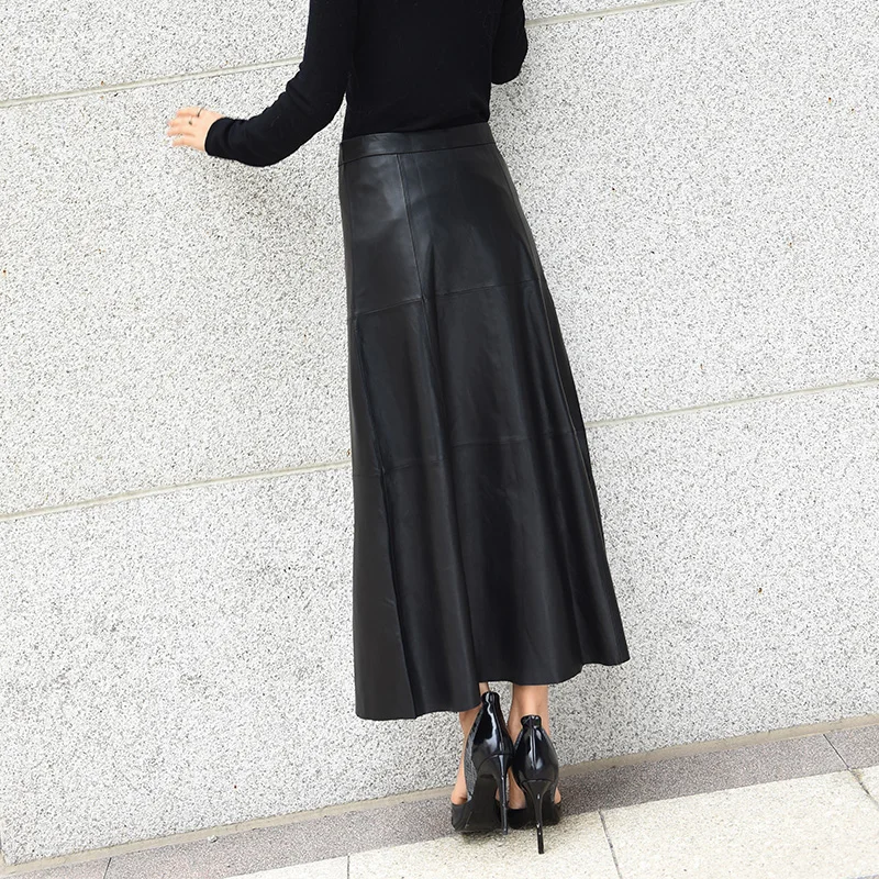

High Quality Womens New Genuine Leather A-Line Skirts Office Lady Fashion Single Breasted Sheepskin Elegant Casual Skirts