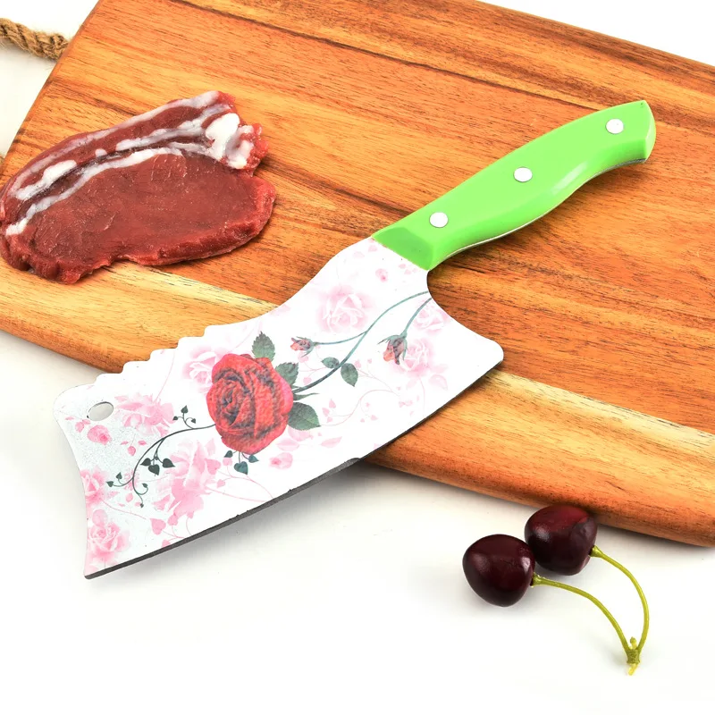 

Stainless Steel Thickened Embroidery Baked Porcelain Rose Kitchen Knife Household Bone Cutter Meat Fish Cleaver