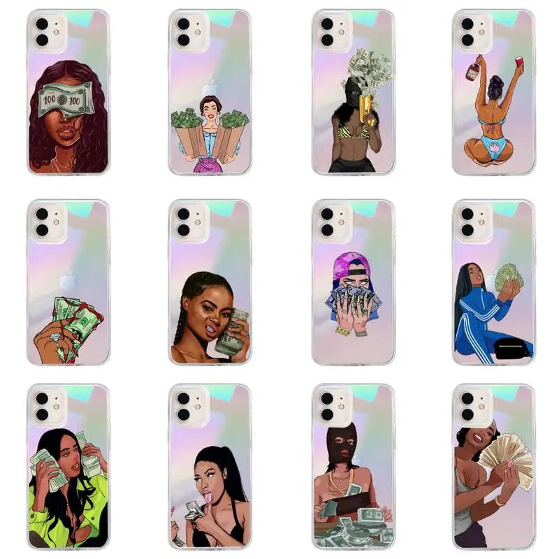 

Black head Girl Fundas Phone Case for iPhone huawei P 7 8 9 11 12 10 30 40 S X XS XR MINI Pro Max Plus laser Transparent Glitter