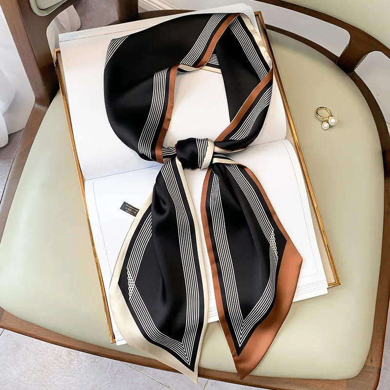 

2021 Thin Narrow Skinny Silk Scarf Women Ladies Spring Summer Striped Small Scarf Headscarf Handle Scarves