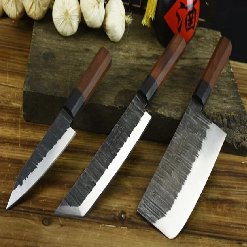 

Forging hammer grain split kitchen knife chef chopping slicing knife kitchen fruit knife Japanese cooking knife three pieces set