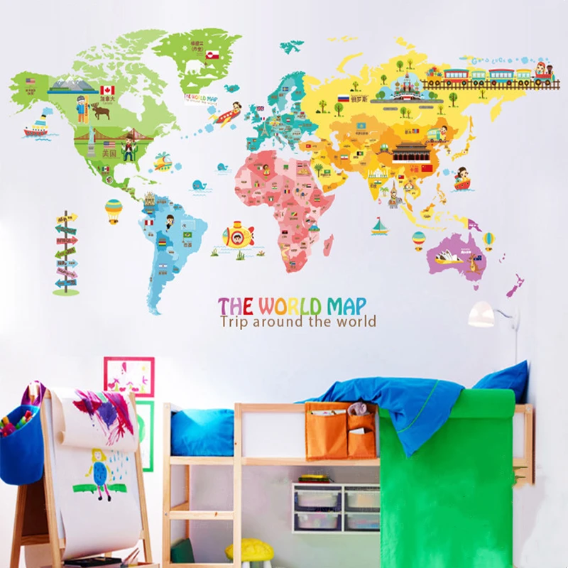 

Big Animal World Map Wall Stickers Kids Teenager Room Home Decor Cartoon Wall Decor Aesthetic self adhesive Poster Wallstickers