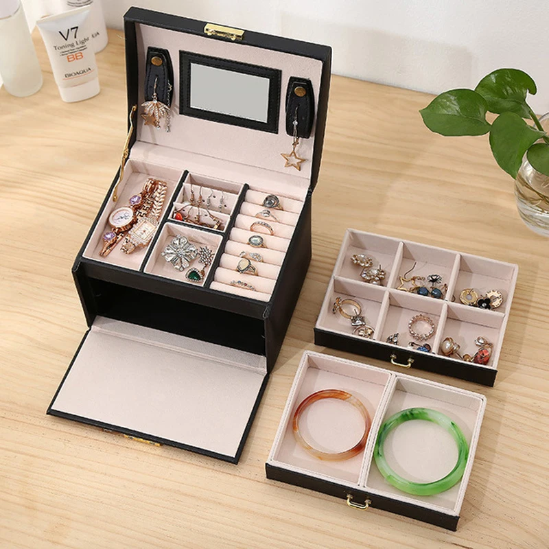 

Green PU Leather 3 Layers Jewelry Organizer Box Exquisite Women Girls Gift Display Holder Earring Ring Necklace Storage Case