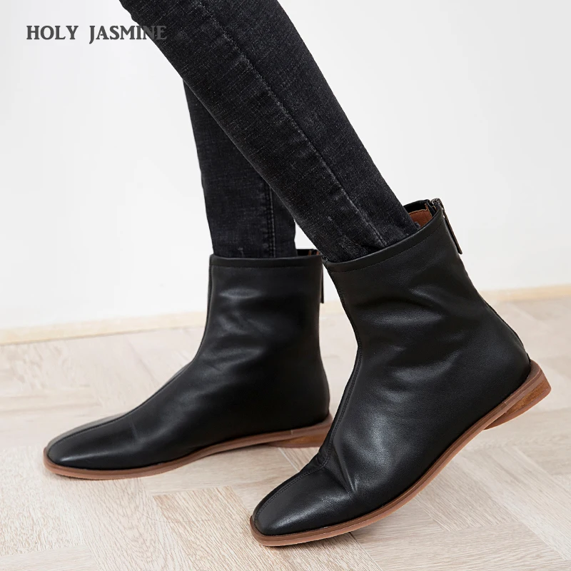 

Genuine Leather Slip-On Ankle Boots 2cm Low Square Heels Elastic Square Toe Office Women Shoes Boots Black 2020 Spring/Autumn