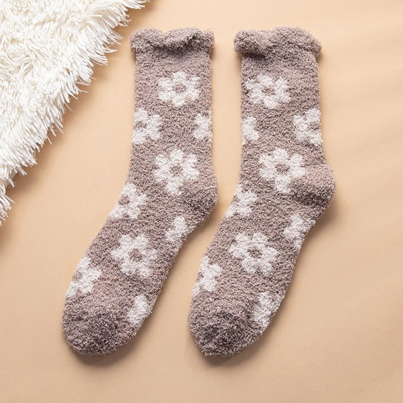 Women Winter Coral Velvet Fuzzy Slipper Socks Sweet Floral Jacquard Solid Color Microfiber Cozy Warm Sleeping Hosiery | Женская одежда