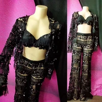 black tassel bright sequins mesh bra jacket pants female singer dancer wear 3 piece clothes set nightclub prom party wear set