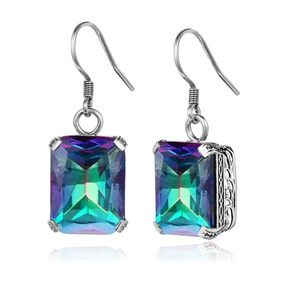 

925 Silver Earrings Rainbow Topaz Rectangle Drop Earrings Luxury Engagement Jewelry Original Charm Fine Jewelry For Girl Fashion
