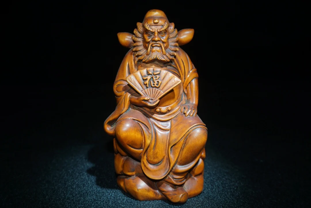 

5" China Lucky Seikos Boxwood Take a fan of Zhongkui Buddha Demon Catcher Zhong Kui Town House Ward off evil spirits