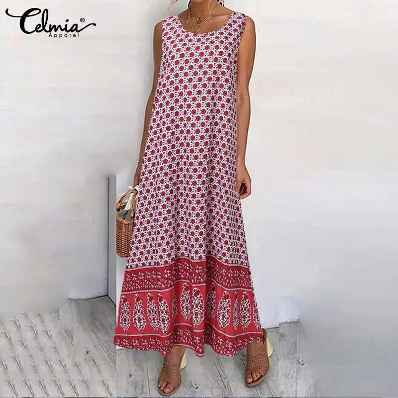 

Женское длинное платье-макси без рукавов, с цветочным принтом и круглым вырезом