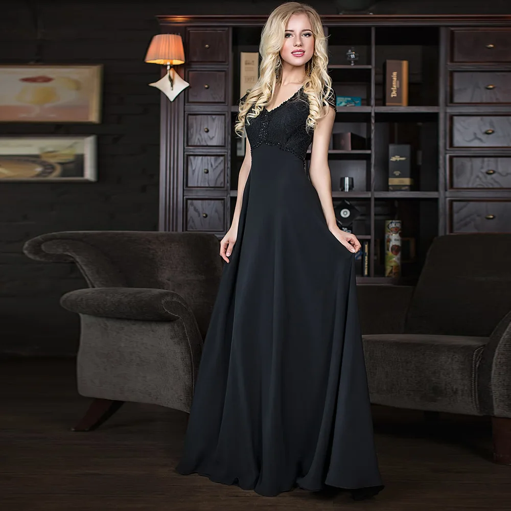 Simple Floor Length Empire Black Evening Dress For Woman A Line Sweep Train V Neck Wedding Party Gown Plus Size платье 2022 New |