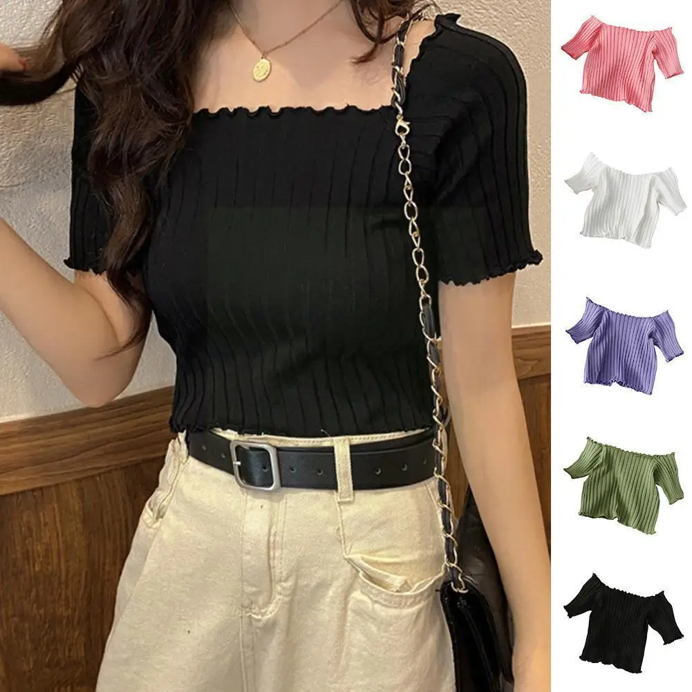 

Women's Cropped Tops One-shoulder Short-sleeved T-shirts Sweaters Short-sleeved Casual Nine-point Tops Bottoming Street L4j0