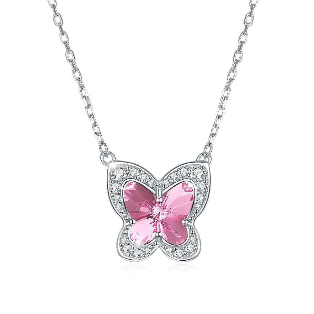 

SILVERHOO 925Sterling Silver Romantic Butterfly Shape Pendant Necklaces Women Austria Crystal Cubic Zirconia Engagement Necklace