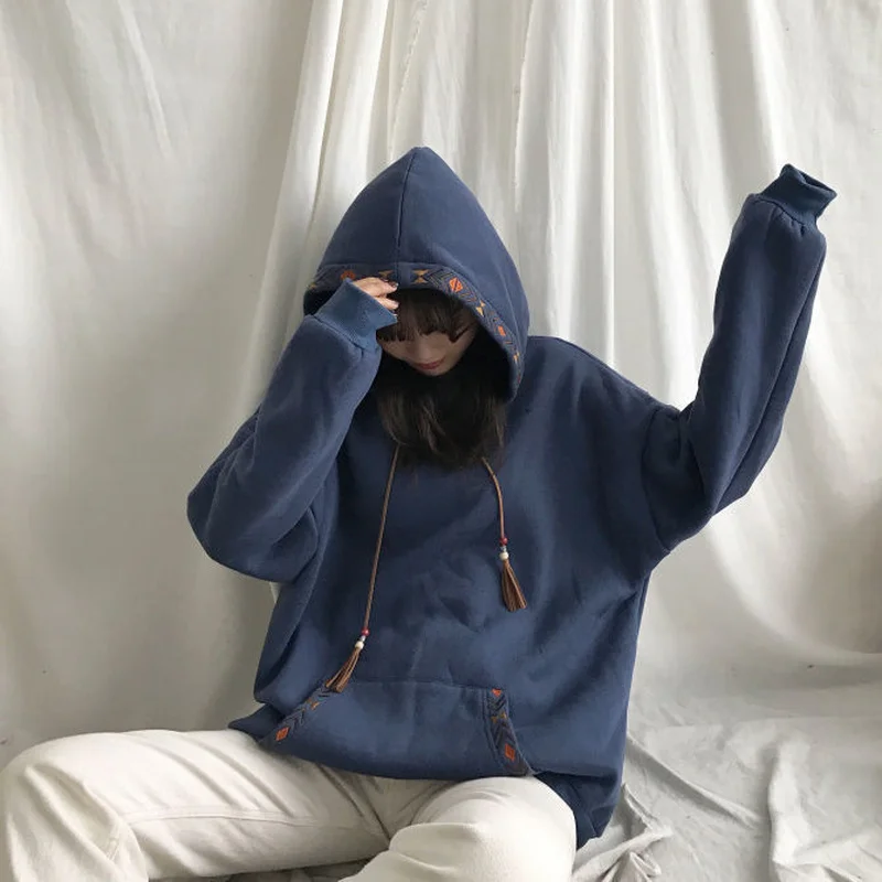 Женские толстовки с вышивкой на весну в японском стиле Kawaii пэчворк Теплые