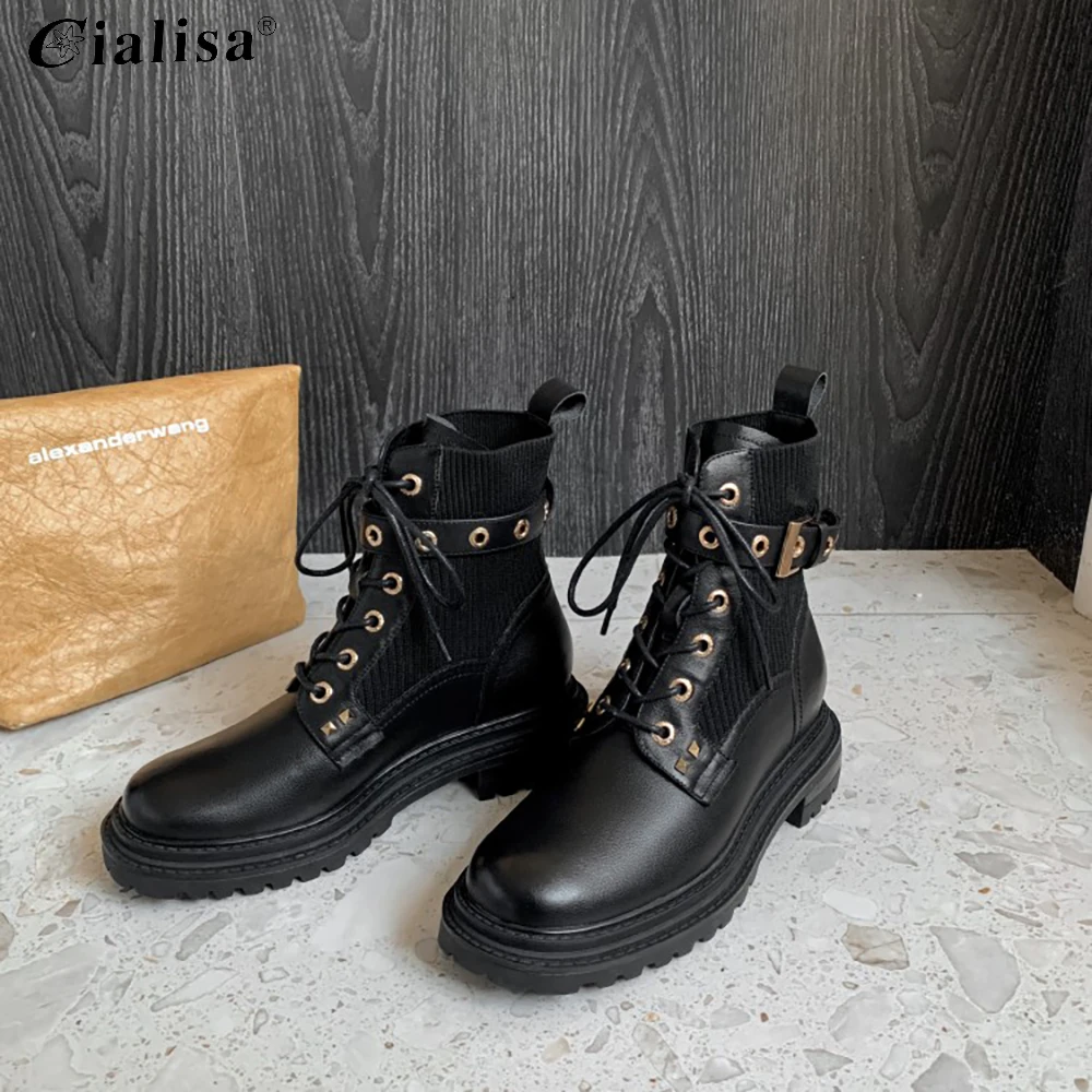 

CIALISA Ankle Boots For Women Genuine Leather Chunky Heel Lace Up Fashion Metal Decoration Patchwork High Heel Round Toe Boot