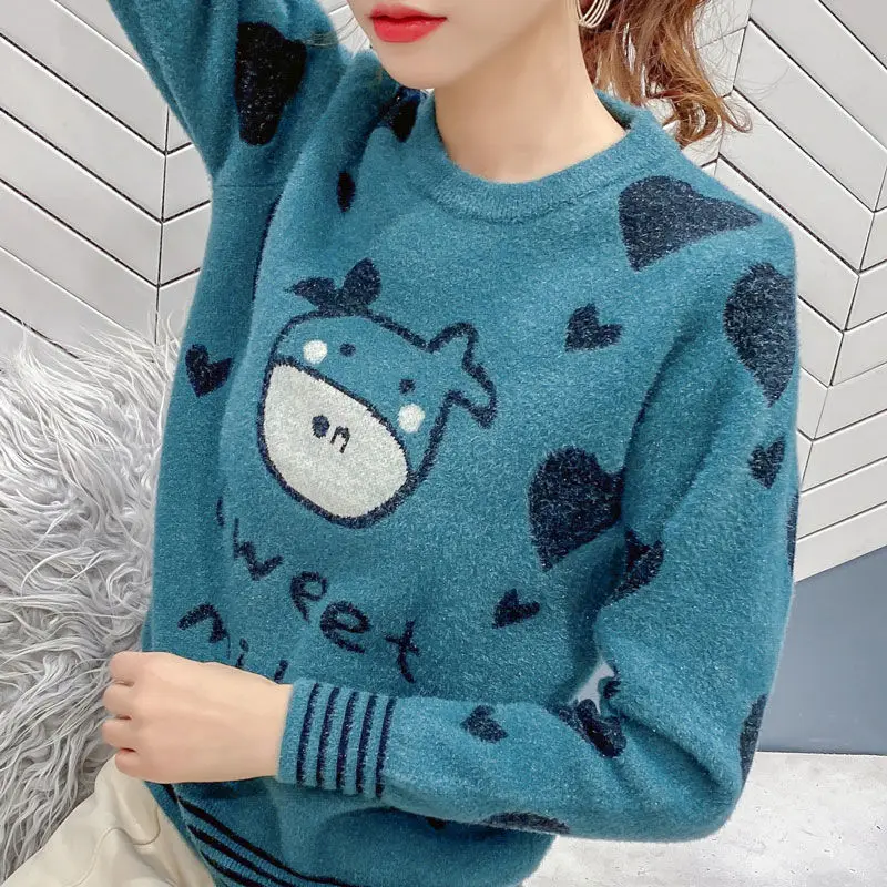 

New Loose Sweater Women's Warm Knitted Shirt Winter Year of the Ox Cartoon Joker Backing Shirt
