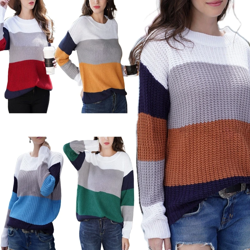 

Women Crew Neck Long Sleeve Sweater Color Block Crochet Knitted Loose Jumper Top M5TE