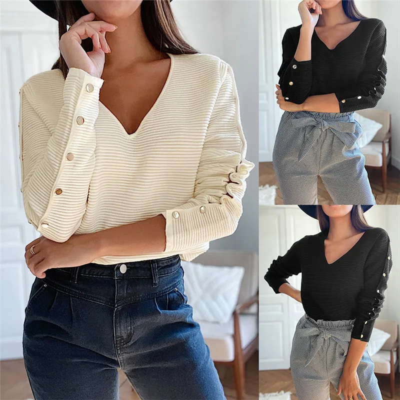

Hot Women Elegant Blouse Shirts Office Lady New Autumn Long Sleeve Slim Blouses Casual V-neck Tops Ribbed Women Shirt Streetwear