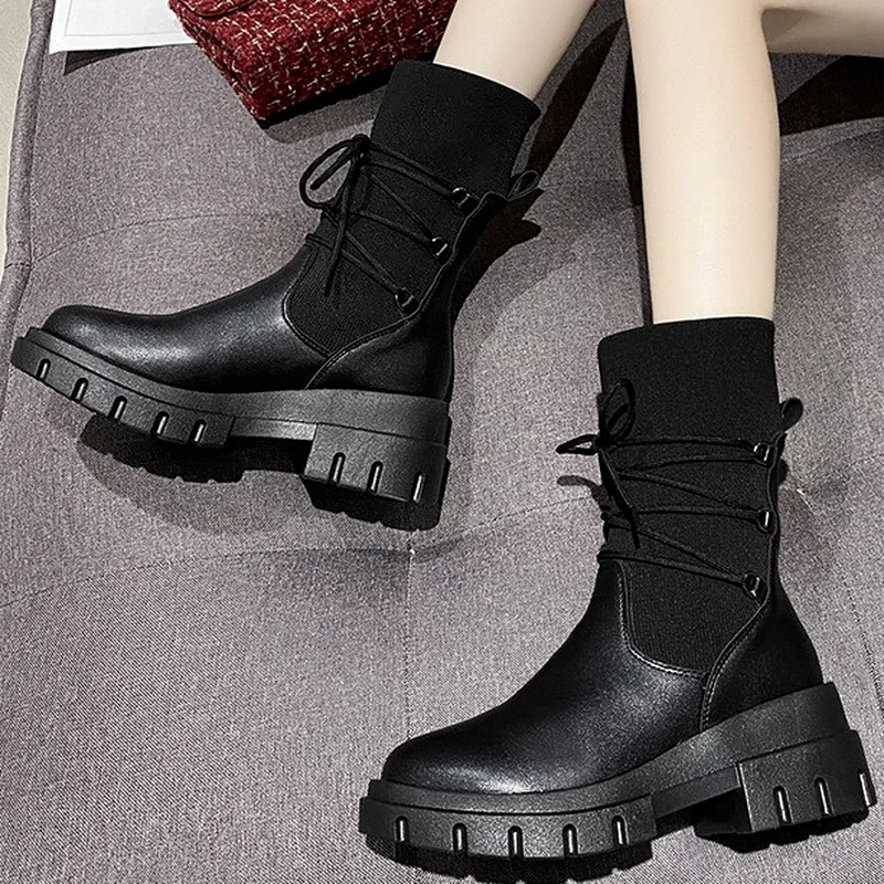 

Chunky Heel Lace-up Round Head Square Heel Women's Casual Boots 2022 Autumn New Fashion Platform Knitted Stretch Fabric Boots