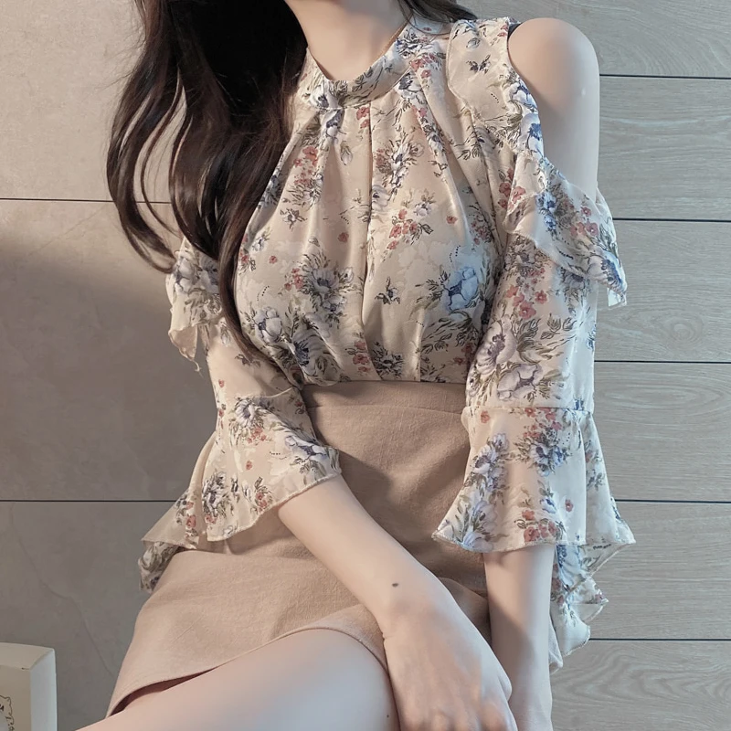 2021 из шифона с цветочным рисунком блузки для женщин летом коротким рукавом