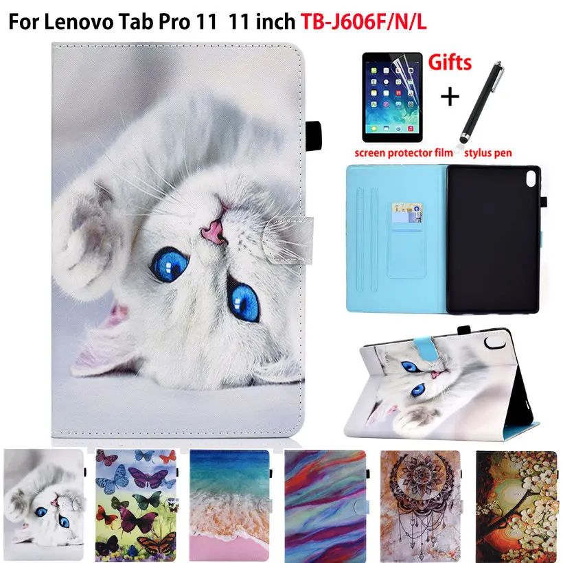 

Cute Cat Case For Lenovo Tab P11 Cover Auto Wake Funda For Lenovo Tab P11 TB-J606F J606N J606L Silicone PU Leather Shell +Gift