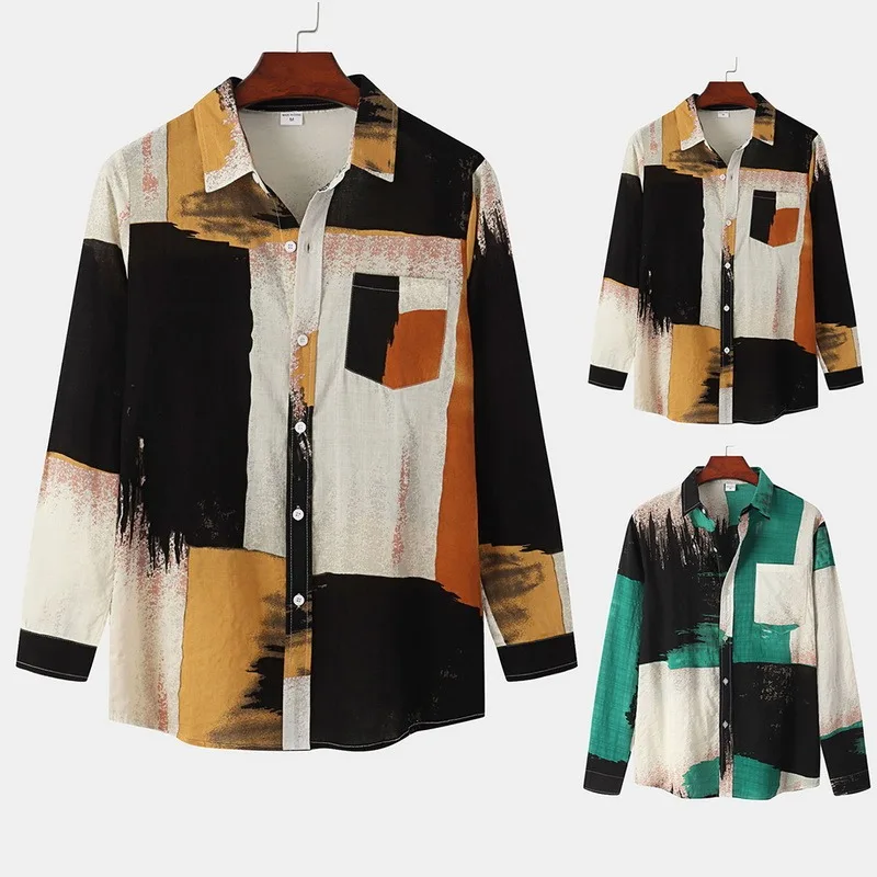 

Men's Clothing Long sleeve Shirts Men Patchwork Tops Tie dye Tops Casual One Button Wild Shirts Printed Long-sleeve Blouses Tops