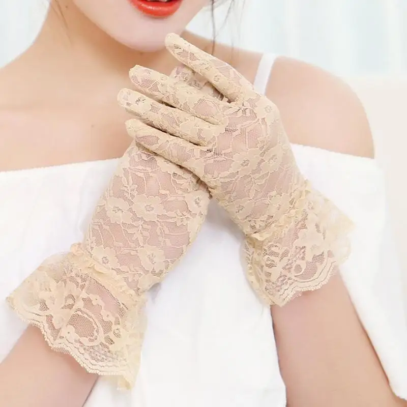 

Wedding Bridal Gloves Black/white skin/red Party Sexy Dressy Glove Women Fashion Lace Short Full Finger Sunscreen Gloves
