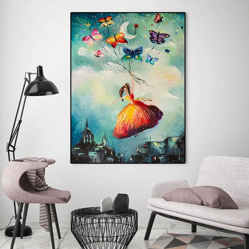 

Abstract Colorful City Street Painting Wall Art Canvas Girl Flying Butterfly Kite Oil Prints Cuadros Decor For Living Room Home