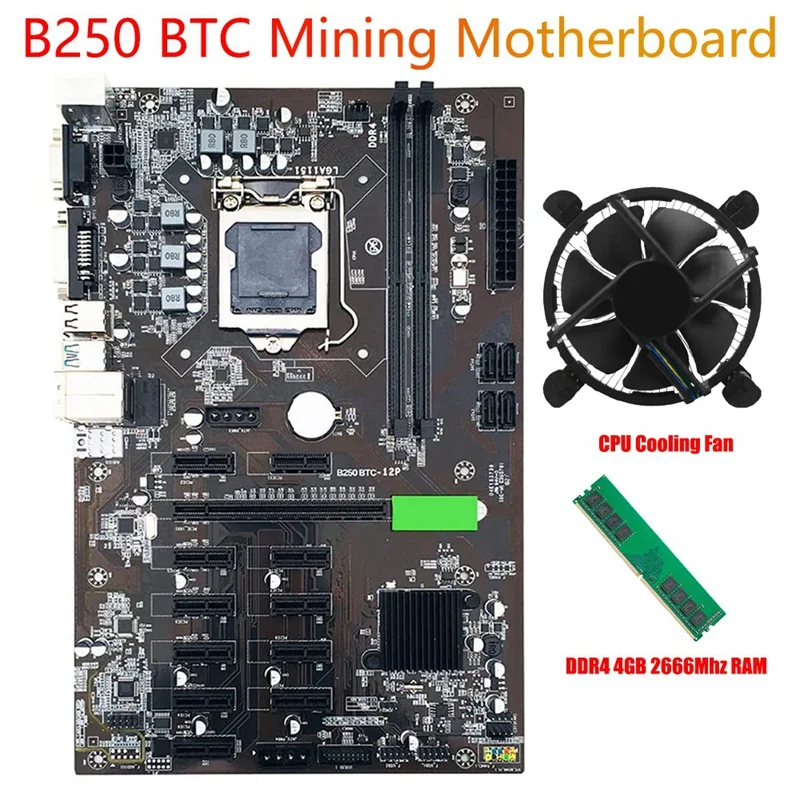 Материнская плата B250 BTC для майнинга LGA 1151 с DDR4 4 Гб 2666 МГц ОЗУ + охлаждающий