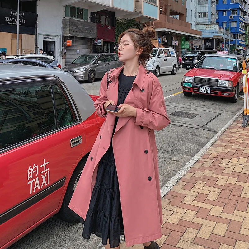 Розовый свободный длинный двубортный Тренч женский с широкой талией