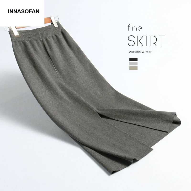 INNASOFAN knitted skirt Women's Autumn-winter sexy high waist skirt Fashionable high-end chic long solid skirt