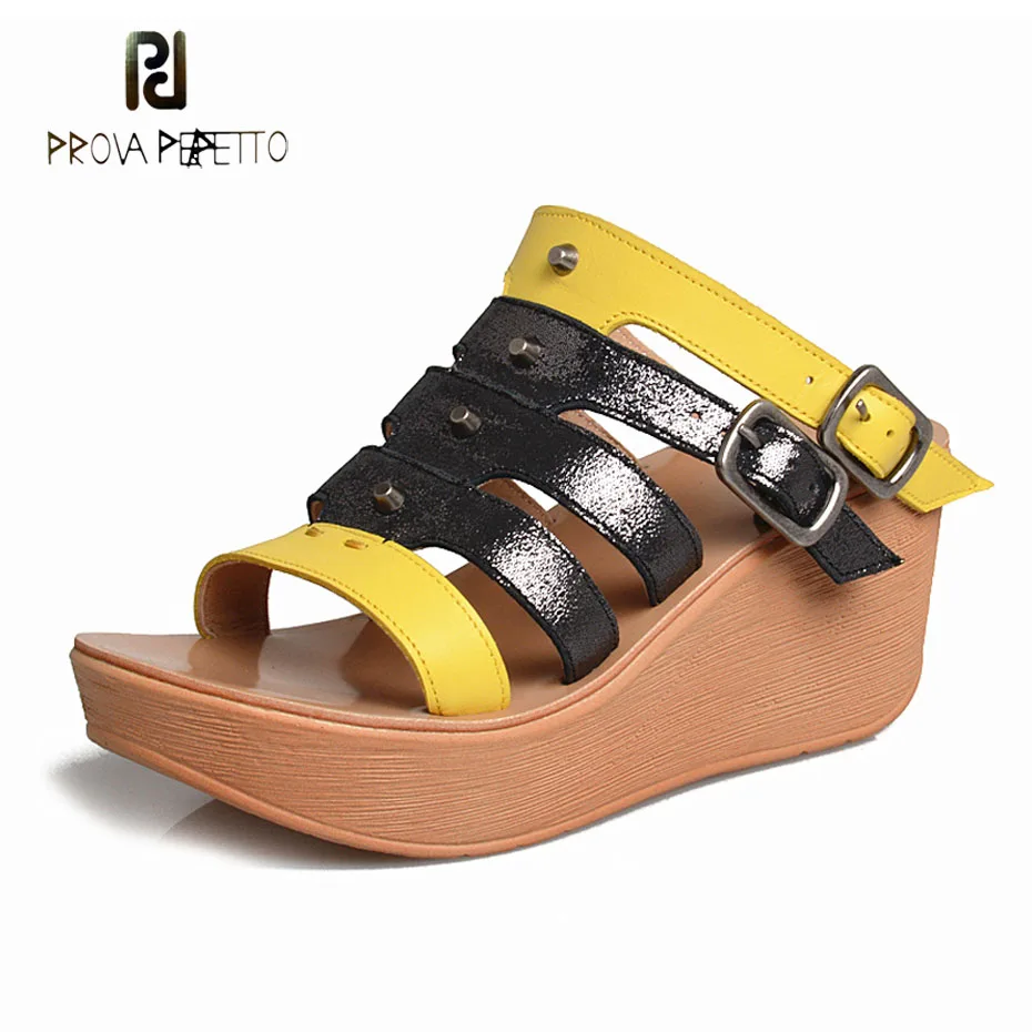 

Prova Perfetto Rivet Mixed Color Genuine Leather Belt Buckle Slippers Women Hollow Out Thick Bottom Open Toe Sandals Wedge Heels