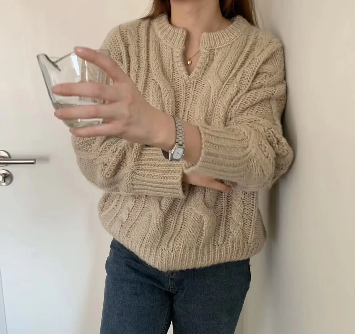 

YAMDI cute oversized korean pullover v neck thick 2020 jumper vintage sweater women woman spring winter elegant loose knitted