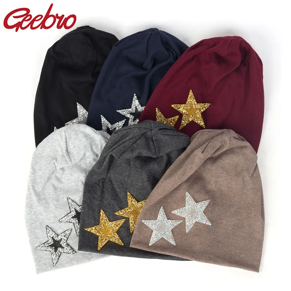 Geebro New Women Rhinestones Star Casual Beanies Hats Soft Thin Cotton Baggy Skullies Cap for Ladies Girls | Аксессуары для одежды