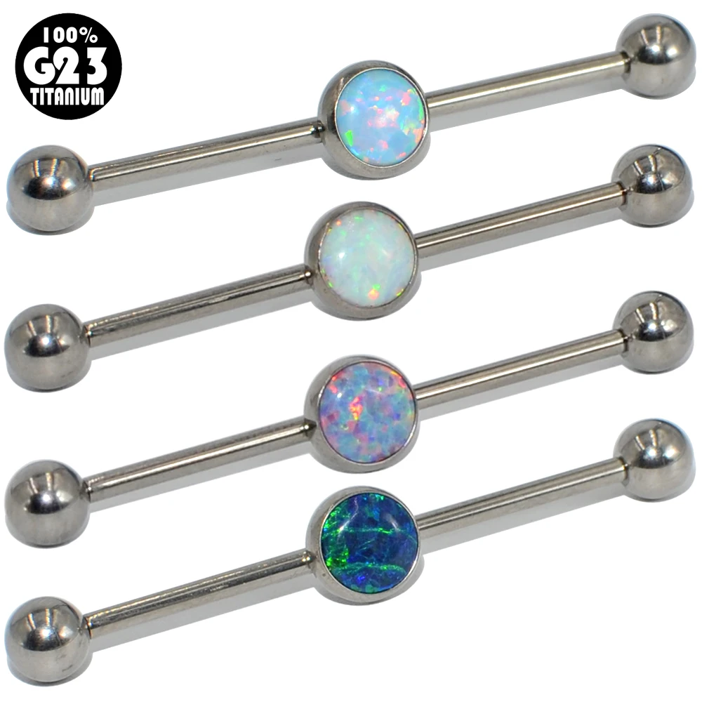 1PC G23 Titanium Straight Barbell Ring WIth Center Opal Stone Flat Back Industrial Earrings Ear Tragus Body Jewelry Piercing | Украшения и