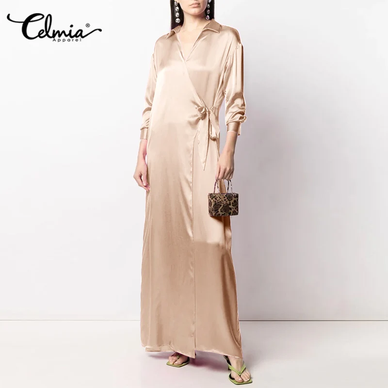 

Женское атласное шелковое платье макси с отложным воротником и длинным рукавом