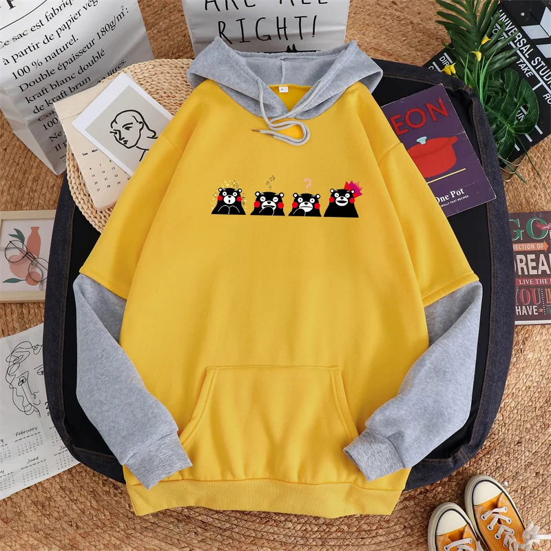 

Fall Winter Women Hit Color Stitching Sweatshirt Cartoon Cute Kumamon Pattern Print Tops Korean Harajuku Fashion Fleece Hoodies
