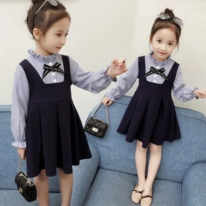 

Baby girl clothes set spring and autumn striped fake two pieces of Korean style princess dress for middle and small children