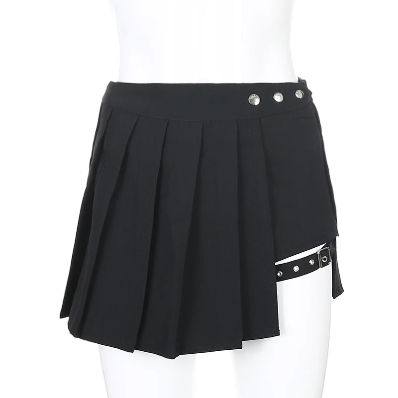 

SUCHCUTE sexy gothic high waist women pleated mini skirt with short ribbons A-line Skirts streetwear solid female party outfits