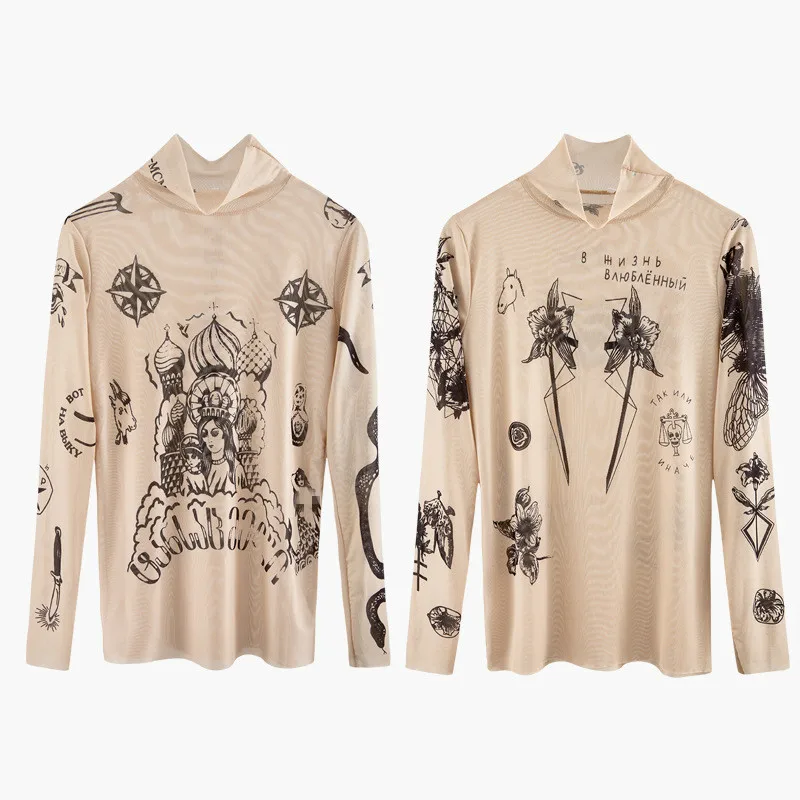 

2020 Russia Autumn New Fashion Women Basal Top Goddess Tatoo Print Vintage High Tight Collar Mesh Yarn SEXY T-shirt Tops B666