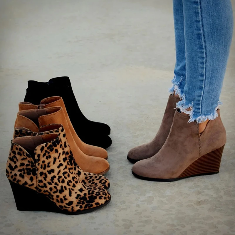 

GAOKE Pointed Toe Booties Winter Women Leopard Ankle Boots Lace Up Footwear Platform High Heels Wedges Shoes Woman Bota Feminina
