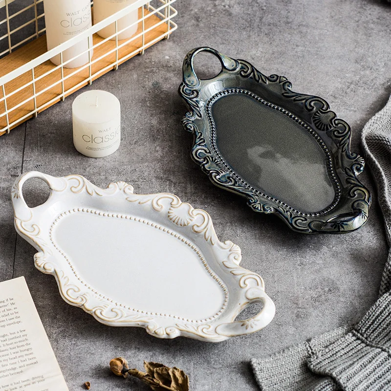 

European style Retro palace style western food plate salad dessert plate ceramic binaural sushi cake tray