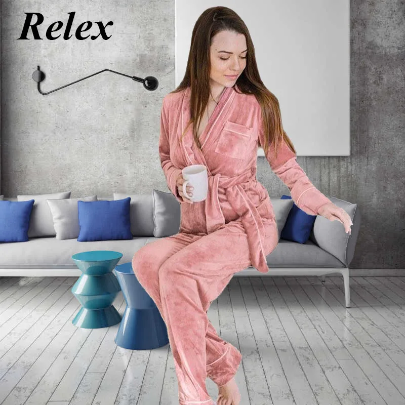 

2021 New Ladies Homewear Long Sleeve Nightgown Women Gold Velvet Cardigan Set Thicken Warm European American Elegant Pajamas