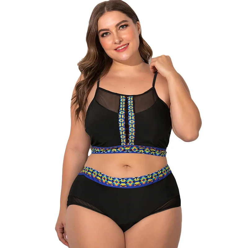 

Luren Plus Size Swimwear Super Oversized Sexy Black Camisole Two-piece Split Bikini Color Pixel Printing Edging Design Swimsuit