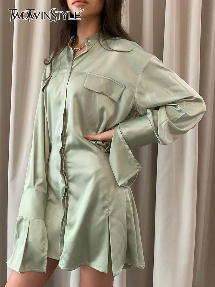 

TWOTWINSTYLE Casual Plain Dress For Women Stand Collar Loose Long Flare Sleeve Mini A Line Dresses Female 2022 Spring Clothing