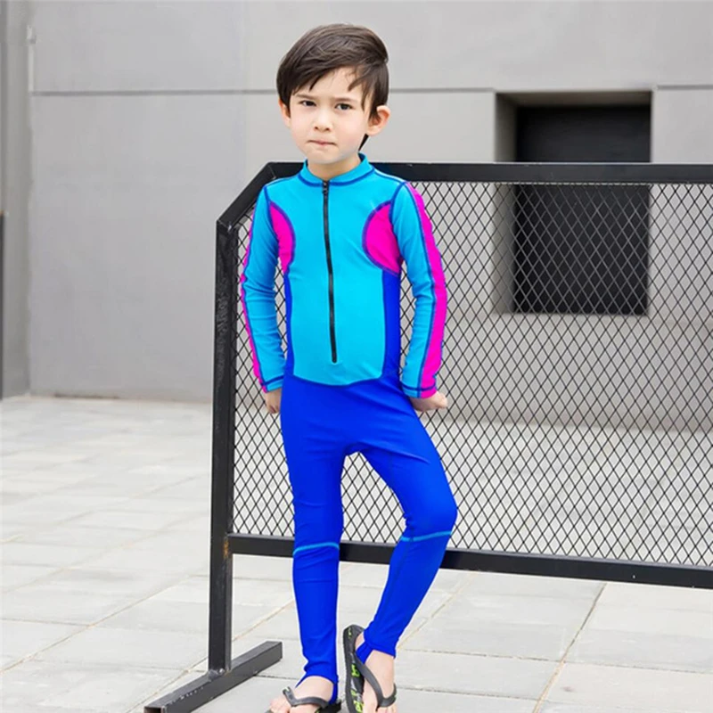 

2022 Korean style full cover rash guard for kids Boys diving rashguard cute patchwork swimwear one piece surf wetsuit