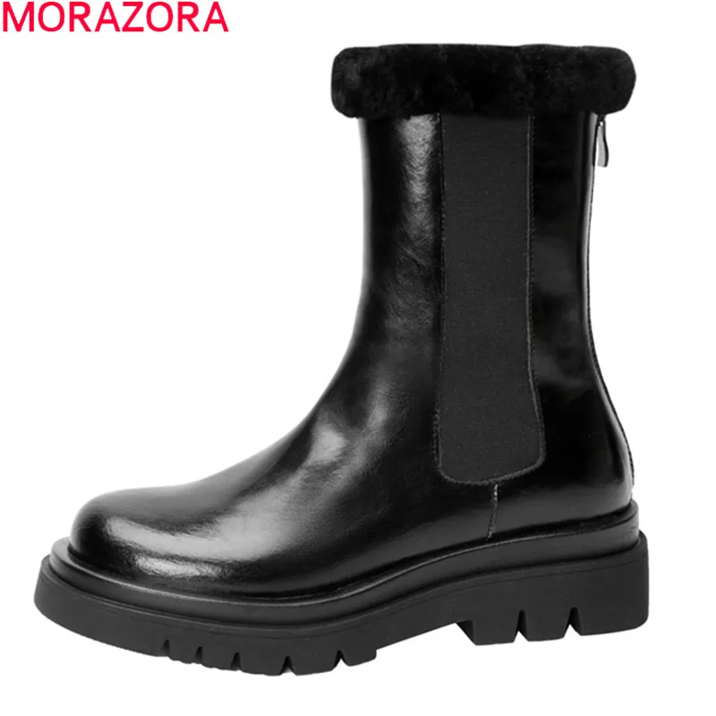

MORAZORA 2021 New Arrival Women Boots High Quality Winter Keep Warm Ankle Boots Med Heels Round Toe Nature Wool Snow Boots