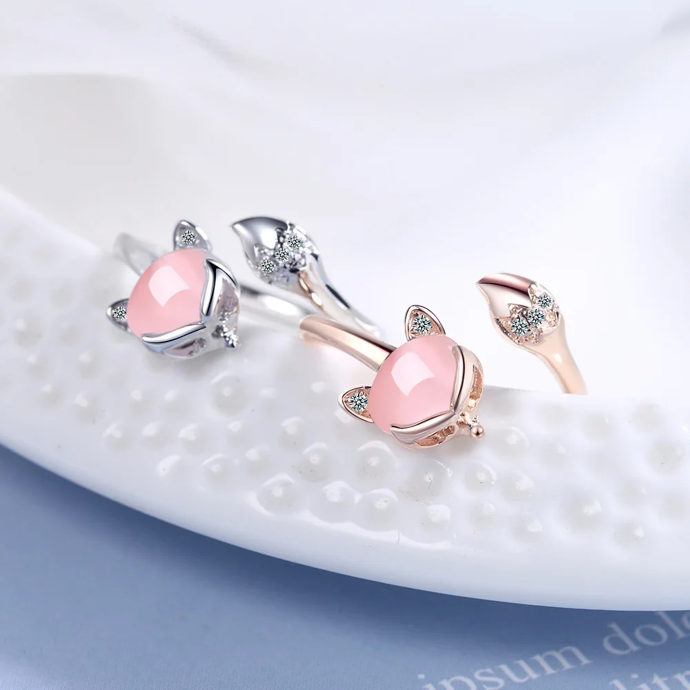 

Korean Fresh Lady Romantic Pink Gem Fox Ring Simple Rose Gilded Adjustable Ring Charm Lady Wedding Engagement Jewelry
