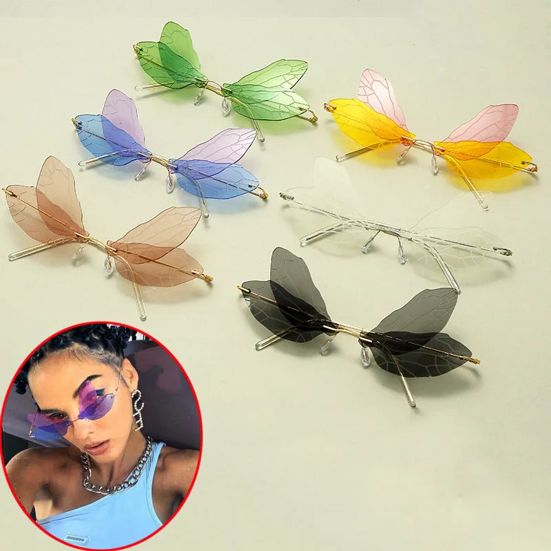 

2020 популярные солнцезащитные очки без оправы креативные стрекозы стимпанк женские очки бескаркасные градиентные прозрачные линзы очки ак...