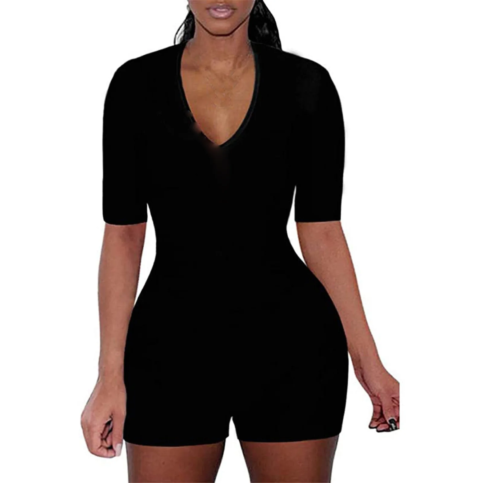 

Sexy Women Bodysuit Sleeve Deep V Neck Bodycon Slim Leotard Bodysuit Short Pajama Women Sleepwear Jumpsuit sportswear