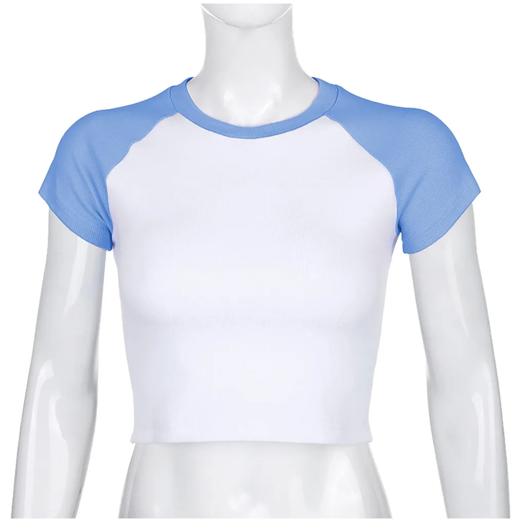 Sexy T Shirt Women Casual O-Neck Short Sleeve Slim Patchwork Basic T-shirt Ladies Streetwear Top Tees Tshirt Harajuku #71 | Женская